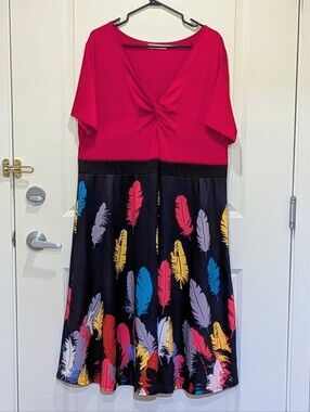3/$30 EUC Rosegal 4X V-Neck Black and Red Feather Print Fit and Flare Dress